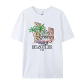White t-shirt with a colorful graphic of a car and palm trees on a white background